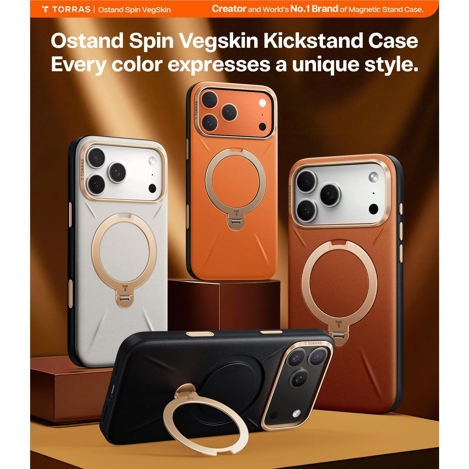 Torras Ostand Spin Vegan Leather MagSafe Case iPhone 17 Pro - Elegant Brown - Image 8