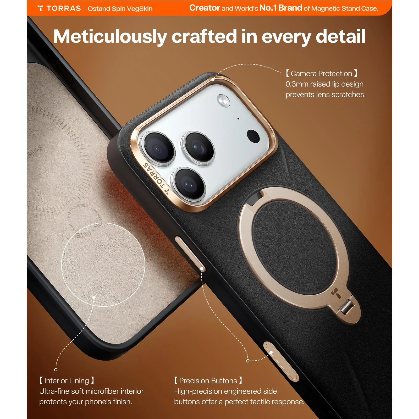 Torras Ostand Spin Vegan Leather MagSafe Case iPhone 17 Pro Max - Black / Gold - Image 3