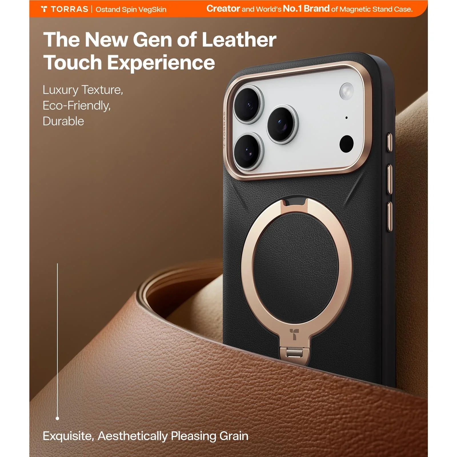 Torras Ostand Spin Vegan Leather MagSafe Case iPhone 17 Pro Max - Black / Gold - Image 7