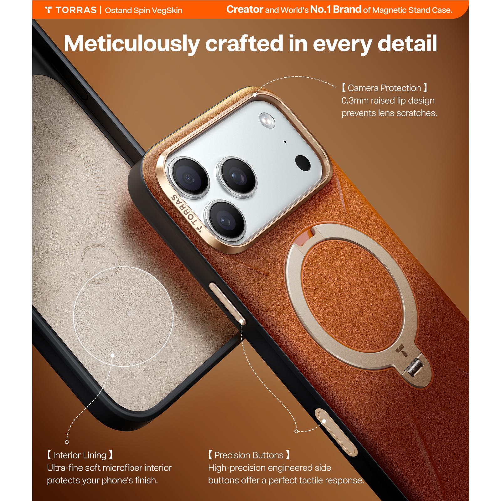 Torras Ostand Spin Vegan Leather MagSafe Case iPhone 17 Pro Max - Elegant Brown - Image 3