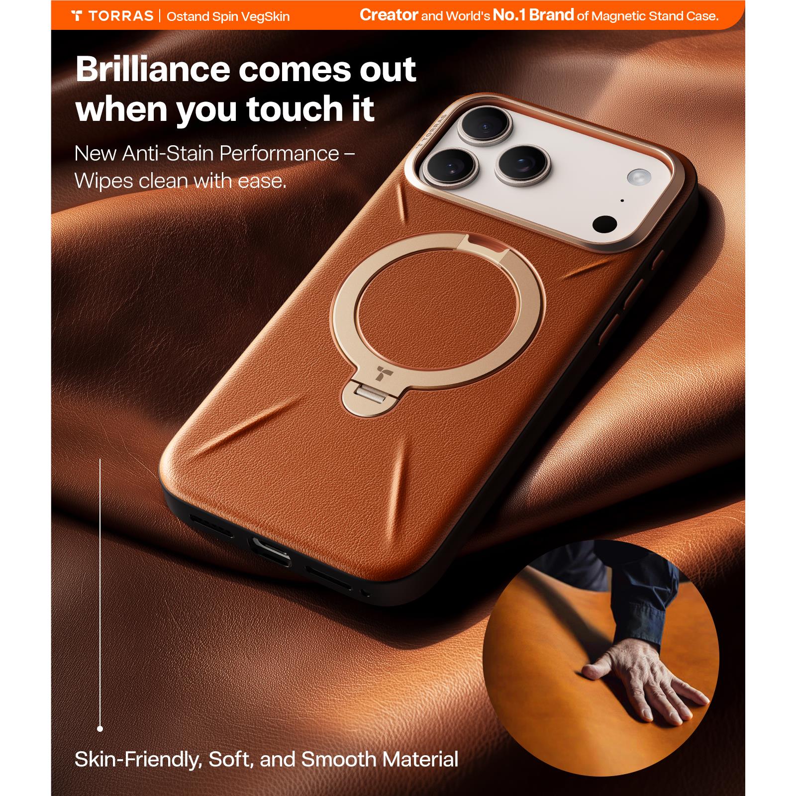 Torras Ostand Spin Vegan Leather MagSafe Case iPhone 17 Pro Max - Elegant Brown - Image 5
