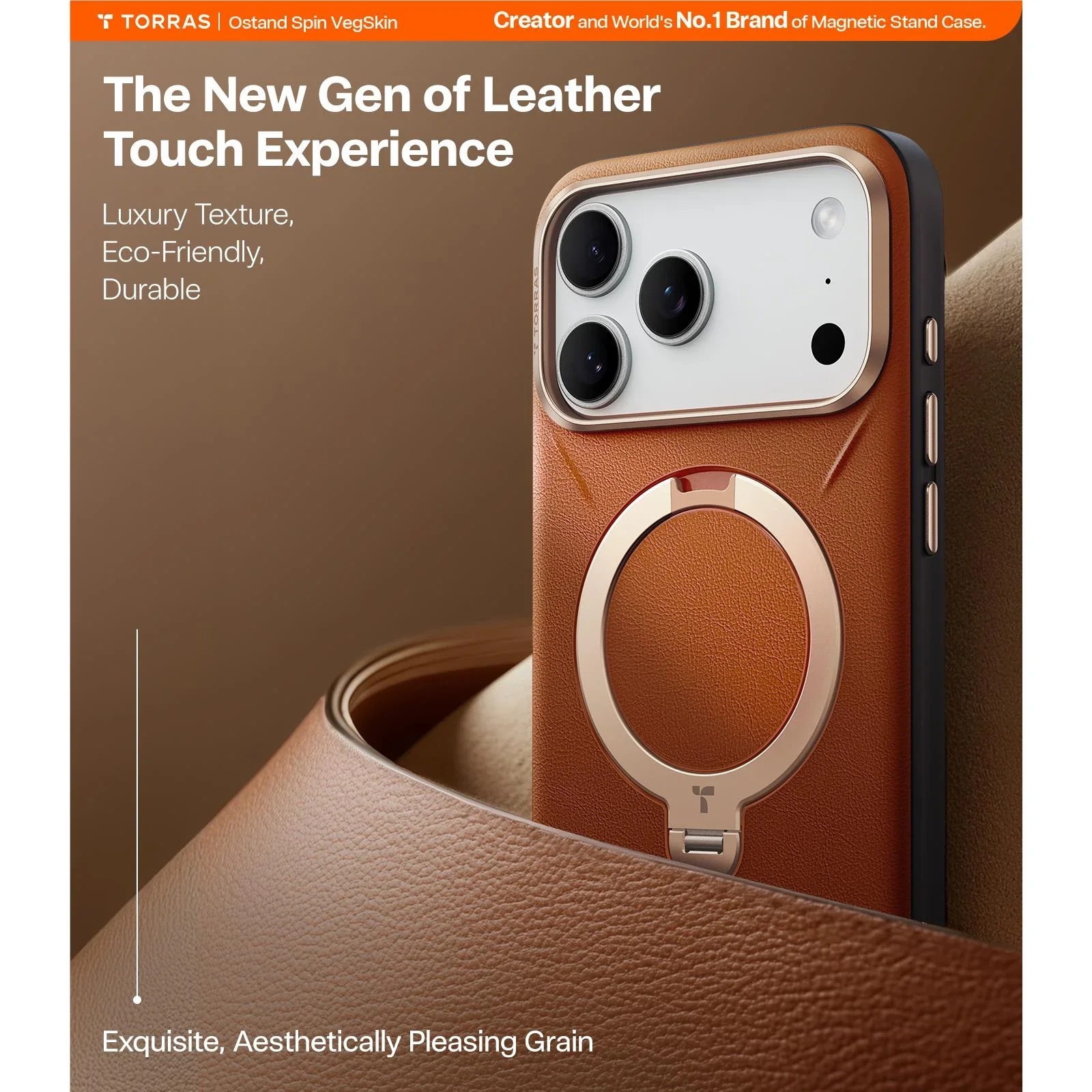 Torras Ostand Spin Vegan Leather MagSafe Case iPhone 17 Pro Max - Elegant Brown - Image 7