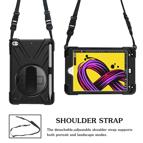 Rugged Protective Case Screen Guard, Hand & Shoulder Strap iPad Mini 5 & 4 - Black - Image 5