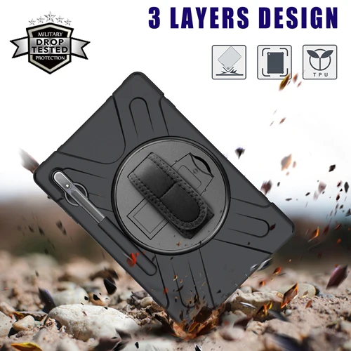 Rugged Case Hand & Shoulder Strap Samsung Tab S8 Plus & S7 Plus - Black - Image 7