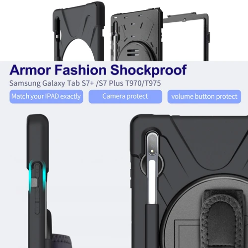 Rugged Case Hand & Shoulder Strap Samsung Tab S8 Plus & S7 Plus - Black - Image 9
