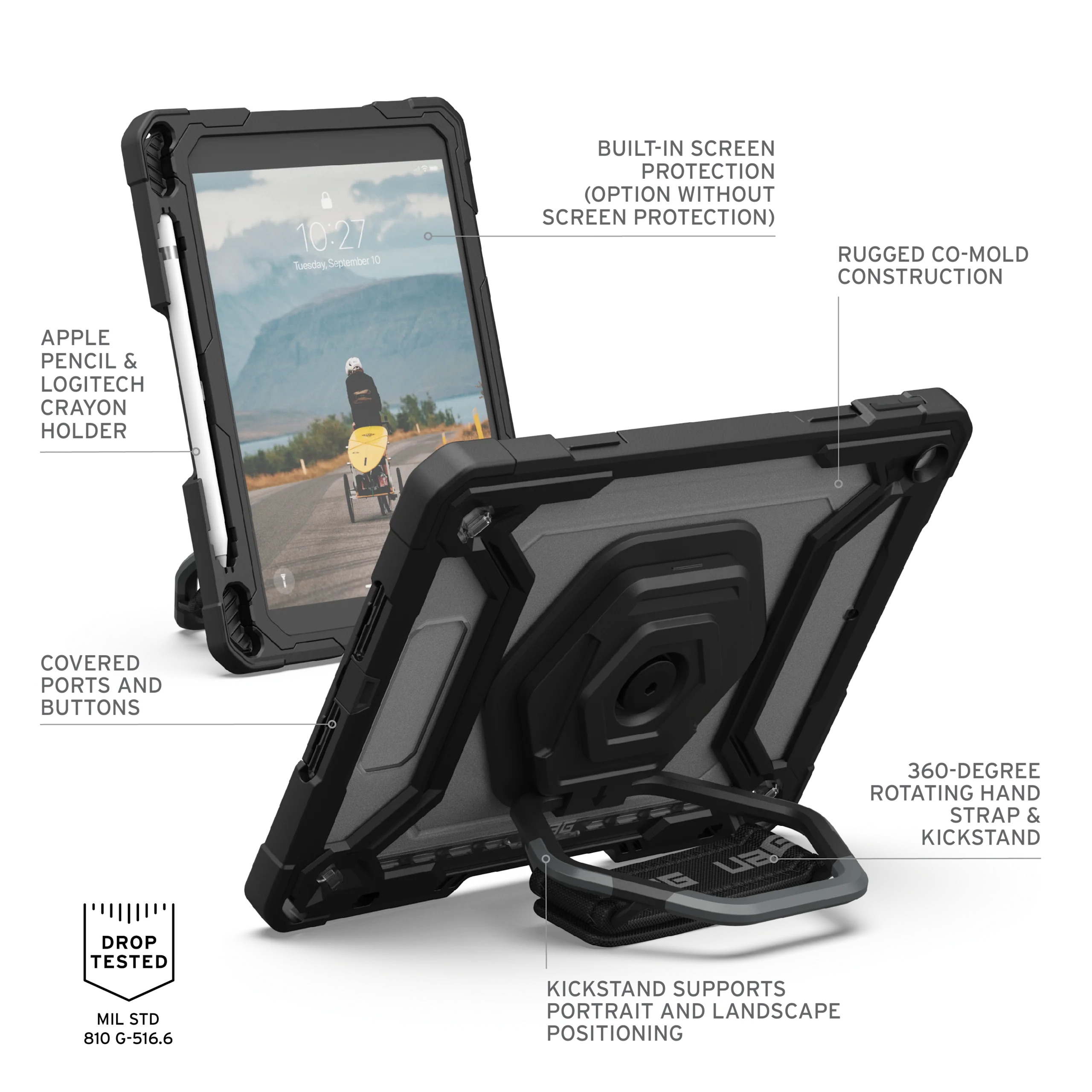 UAG Plasma Tough Case iPad 9 / 8 / 7 10.2 Screen Protector, Kickstand & Handstrap -  Ice / Black - Image 3